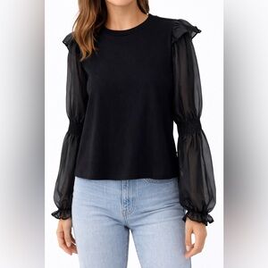 Anthro Black Puff Sleeve Top Sheer Organza Sleeves Smocked Cuffs Size M